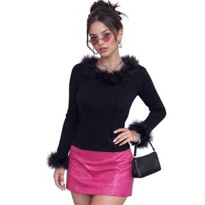 Pierre Cardin long‎ sleeve rabbit fur cuff collar wool black knit top size small